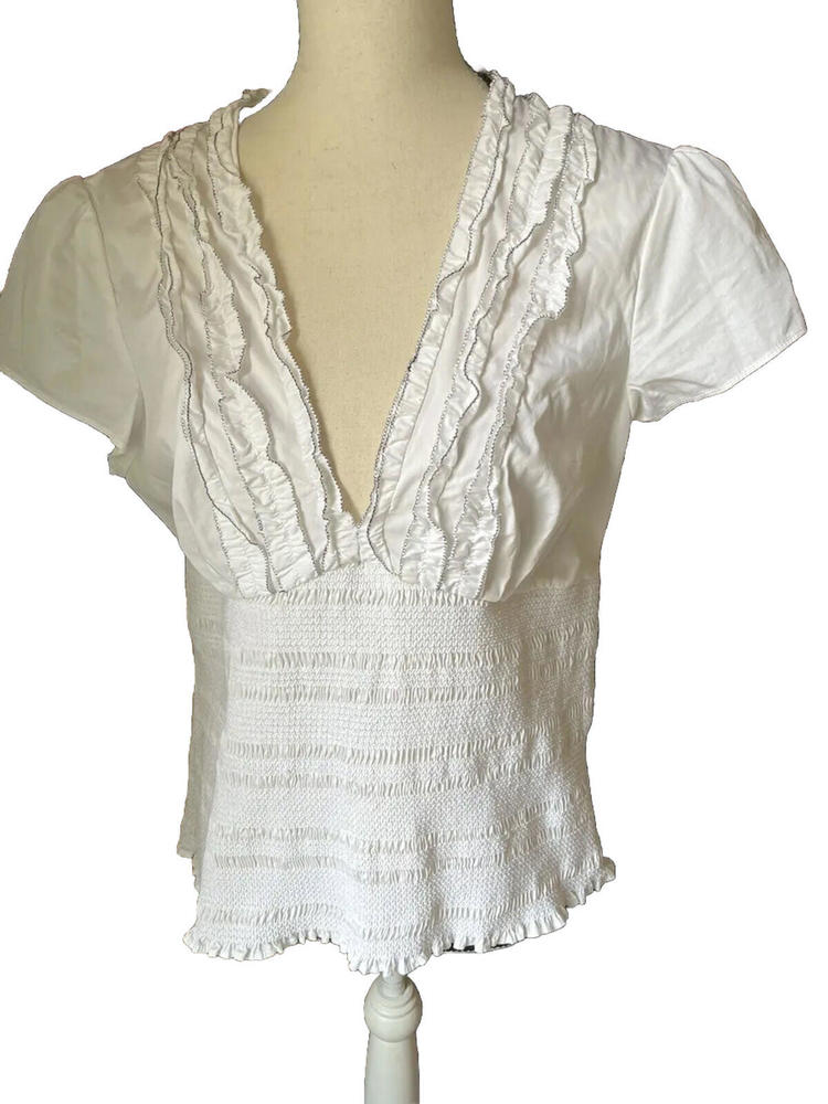 Venus NWOT women’s Deep V-neck Smocked Shirt W/ Ruffles At Neck Size 14